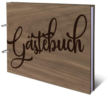 Hochzeit Gästebuch Nussbaum Amerikanisch Ringbuch mit Lasergravur Holz Cover 72 Blatt | 144 Naturpapier Seiten DIN A4 quer - Comic Schrift