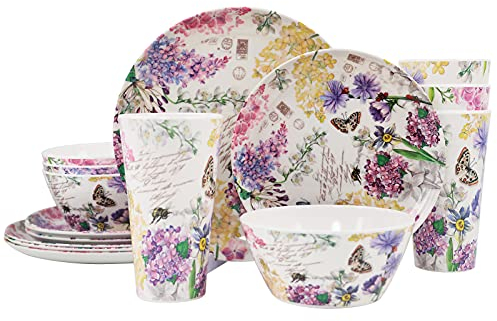 DAPOTO Juego de vajilla de melamina para 4-16 piezas: juego de platos de camping con platos de cena, platos de ensalada, tazas y cuencos. Ligero e irrompible. Uso en interiores y exteriores