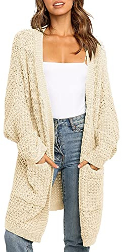 Maavoki dam lång kofta oversize långärmad tröja cardigan ledig stickad kappa höst ytterkläder med ficka, Z-beige, M
