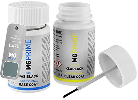 MG PRIME Lackstift für Volkswagen VW LA7C / A7C / C2 Mondsteingrau +1K | Kieselgrau, Autolack, Set aus Basislack + Klarlack, Lackfläschchen mit Pinsel, je 50ml