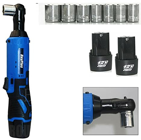 Elektrische Ratschenschlüssel Set, Elektrische Schlüssel 3/8 Schnurlose Ratsche 12V Akku Ratschenschlüssel mit 2pcs Akkus und Ladegerät, 100Nm, 7 Steckdosen und LED-Licht, zur Reparatur, Wartung