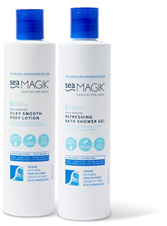 Sea Magik - Vegan Body Wash and Lotion, Refreshing Spa Set with Dead Sea Salt, Allergen Free, Multipurpose, for All Skin Types, Hydrating, Soothes Psoriasis and Eczema, Cruelty Free (2 x 300ml)