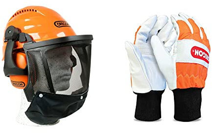 Oregon Waipoua Professioneller Kettensägen-Sicherheitshelm mit Gehörschutzmanschette und Netzvisier, Orange & Kettensägen-Schutzhandschuhe aus Leder mit Linkshandschutz - Größe 11