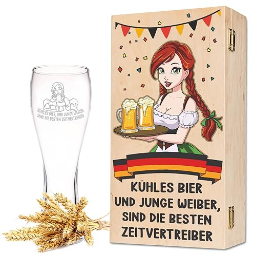 Leonardo Vaso de trigo con grabado – cerveza fría y mujer joven incluye caja de madera – Regalo divertido con Schankmaid Girl para los amantes de la cerveza en Oktoberfest – Regalos para hombres para