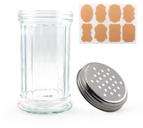 RUIQINQI 12 oz Retro Style Glass Sugar Shakers Dispenser, Glass Jar, Sugar Shaker, Stainless Steel Pour-Flap Lid, For Sugar/Cinnamon/Bee Pollen/pepper and other spices (Perforated Lid-1pc)