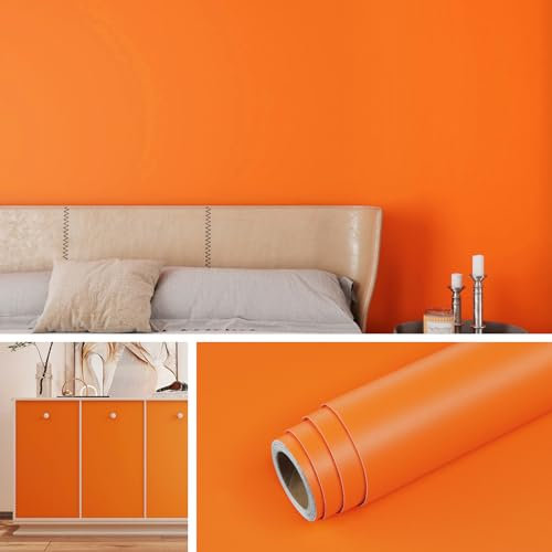 Livelynine Orange Wallpaper for Living Room Bedroom Adults Waterproof Vinyl Wrap for Furniture Table Desktop Retro Orange Sticky Back Plastic Roll Contact Paper Self Adhesive Kids Matte 40CMx2M