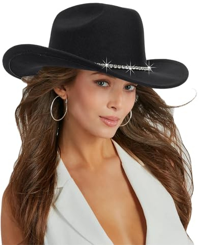 INOGIH Classico Cappello da Cowboy in Feltro Nero con Orlo Arrotolabile per Donne e Uomini, Cappello da Cowgirl in Feltro Fedora per Feste in Discoteca, Nero-Style1, M