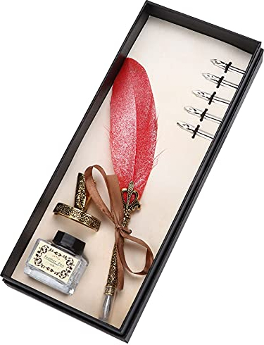 Emoshayoga Quill Dip Pen Retro Geschnitzt Edelstahl Feder Stift Set, Quill Dip Pen Schreiber Anzug für Unterschrift, Tischdekoration, Big Red