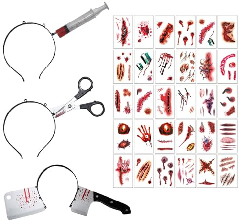 AEYAKA Halloween Horror Haarreif Set Schere, Spritze, Messer im Kopf mit Blut Gruselige Kopfbedeckung & 30 Zombie Tattoo Aufkleber Kostüm Accessoire für Damen Herren Karneval, Cosplay, Masquerade