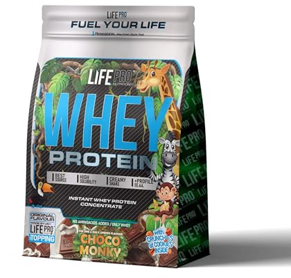 Life Pro Proteina Whey Choco Monky 1kg Bag Edition, Proteina Whey en Polvo LACPRODAN SP-8011, Recuperación y Crecimiento Muscular con Glutamina y BCAA, Sabor a Tabletas de Chocolate de Infancia