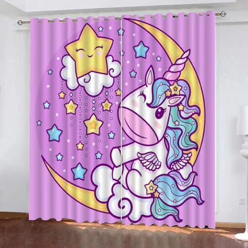 Lila Mädchen Gardinen Motiv Einhorn Regenbogen 2 Stück H 100Cm X B 70Cm, Vorhang Blickdicht Ösen Kurz,Verdunklungsvorhänge Kinderzimmer Mädchen Jungen,Kinder Vorhang Verdunkelung Für Schlafzimmer,A1