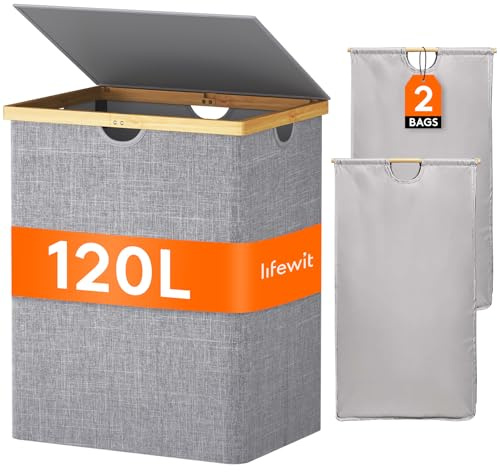 Lifewit 120L Double Laundry Hamper with Lid, Extra Large Bamboo Laundry Basket Dirty Clothes Hamper, 2 Section Laundry Bin Organizer for Laundry Room Bedroom with 2 Removable Liners & Bags,Light Gray