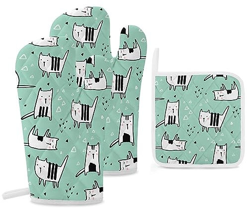 Naive Cat Ofenhandschuhe und Topflappen, stilvolle skandinavische heiße Pads, Wärme-Kochhandschuhe, Küche, Kochgeschirr, Backgeschirr, Grillen, 3-teiliges Set