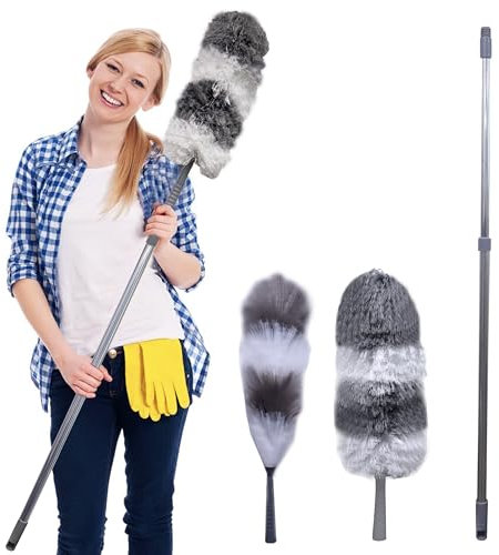 Knight Telescopic Extendable Feather Duster with 1.6m Stainless Steel Handle | 2 Washable Replacement Heads -Microfiber & Anti-Static | Perfect for High Reach Cleaning, Ceiling Fans, Blinds, Cobwebs.