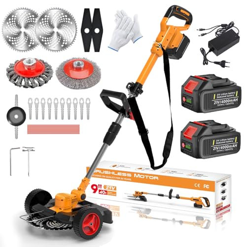 Rasentrimmer mit Akku und Unkrautbürste, Akku Rasentrimmer für Makita Akku mit 2X4.0Ah Akku, 21V Bürstenloser Freischneider, Elektro Motorsense, 5 Klingentypen mit Rädern