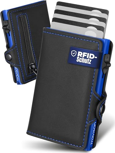 Travison® SMART Wallet mit Münzfach und Geldscheinfach - Kartenetui mit Münzfach und Schnellzugriff - RFID-Schutz - Herren Geldbörse klein - Kreditkartenetui - Geldbörse mini (Schwarz-Blau)