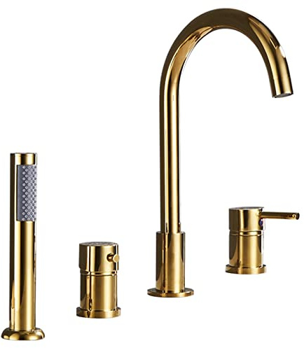 Mitigeur de Baignoire-Douche à 4 Trous Monté Sur Pont Et Kit de Douche Mitigeur de Baignoire à Poignée Unique Eau Chaude Et Froide Avec Douchette Extractible Doré