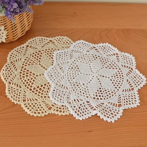 2 Stück Spitzendeckchen Tischsets,Blume Tischdecke 30cm Runde Tischläufer Dekorative Tischsets Spitze Platzset Gestrickte Deckchen Häkeldeckchen Placemat Blume Matte für Küche Esszimmer -Beige+Weiß