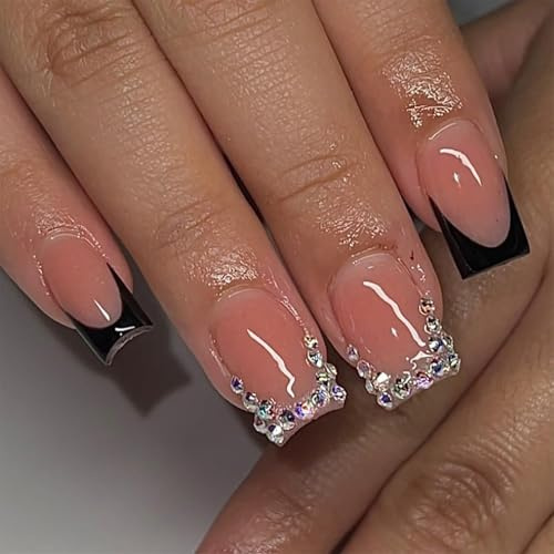 CharmBurst 24 Stück Kurze Square Press On Nails Schwarz Silber, Aufklebbare Kunstnägel Mit Strass, Künstliche Nägel Fingernägel, Fake Nägel Zum Aufkleben Kurz Nägel