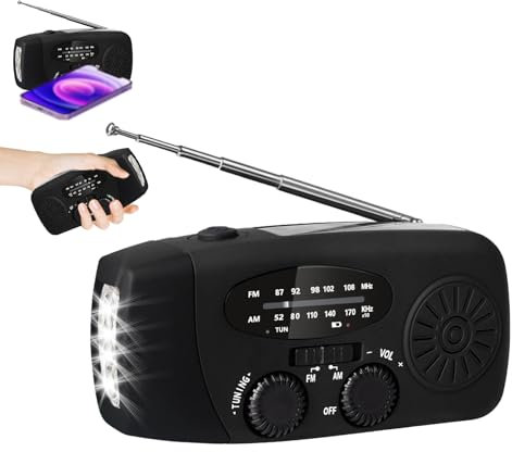 Wind Up Solar Radio, Emergency Radio with Crank and Solar, AM/FM/WB Wind-up Radio, LED Flashlight, USB Phone Charger, SOS Alarm, 2000mAh Power Bank for Outdoor, Camping, Hiking (Black)