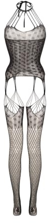 MIZSPISE Intimo Donna a Rete Sexy Lingerie Bodystocking Hot Elastico Catsuit Completino Transparente Halterneck (nero, Taglia unica)