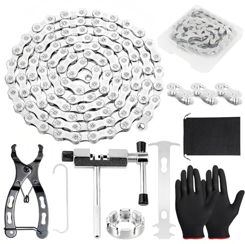 Seconero Fahrradkette, 6/7/8 Fach Fahrrad Kette 1/2 X 3/32 Inch 116 Glieder | Fahrradkette Werkzeug Set mit Kettenschloss Zange, Kettenprüfer, Kettenbrecher und 3 Paar Kettenschloss, für Mountainbike