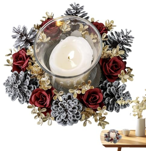 Corona Navideña para Velas,Corona Guirnalda para Velas de Adviento - Decoración Invernal Artificial De Piñas Y Flores para Mesa Y Chimenea