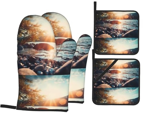 BROLEO Sunset Stream printing Kitchen baking set, oven gloves, thickened and insulated four piece suit