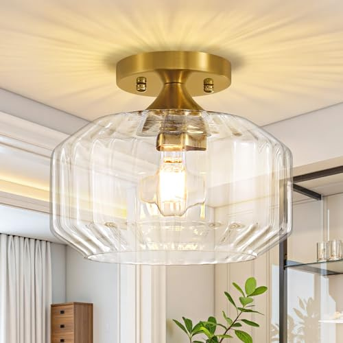 Actask Glas Deckenleuchte Gold Ø25 cm Moderner Kronleuchter | Deckenlampe mit Dickem Klarem Streifen-Glasschirm E27 Sockel Deckenleuchte für Küche Flur Schlafzimmer Esszimmer