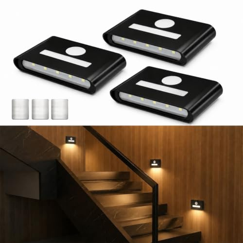 WOBSION Stair Lights Indoor, Wireless Motion Sensor Night Light, 3 Pack | USB-C Rechargeable Stick on Light for Wall, Wardrobe, Cupboard, Toilet - 3 Colour Temperatures, 1000mAh, Magnetic, Black