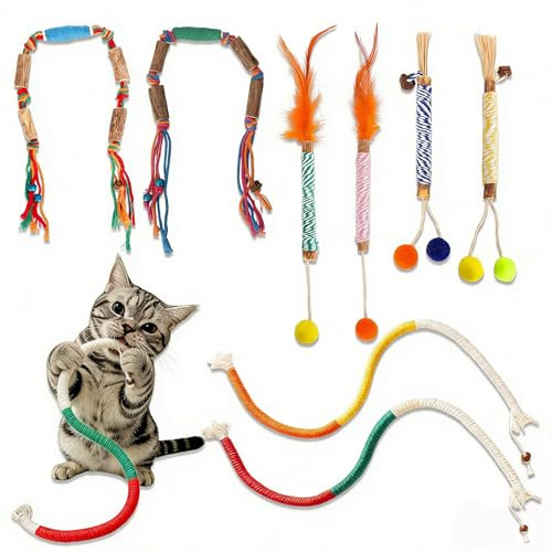Silvervine Cat Chew Toys Set, Natural Silvervine Sticks & Interactive Cat Toys with Catnip Feathers, Balls & Wave Ropes, Kitten Teething Toys for Indoor Cats, Dental Care & Anxiety Relief 8 Pack