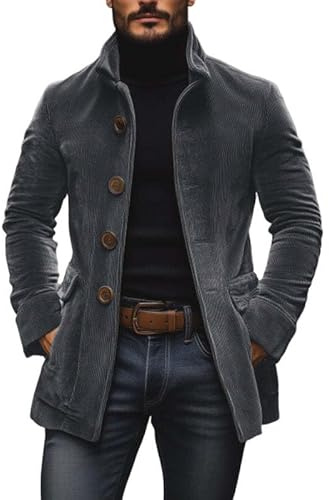 YONGHONGKEJI Trench Invernale Da Uomo In Velluto A Coste Giacca Lunga con Collo Alto Stile Retrò Sottile Monopetto Leggero E Comodo con Tasche Grigio Xs