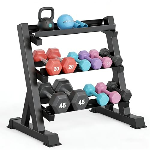 Dripex 3/5 Ebenen hantelständer kurzhanteln, Passend zu Hanteln, Kettlebells, Langhanteln, Max.500kg Einstellbar hantel ständer (3-Ebenen(Standard)+10KG Hantel Set(Lila))