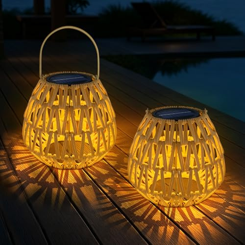 2 Piezas Farolillos Solares Exterior Colgante/De Pie, Ratán Lampara Solar Exterior Jardin, IP65 Impermeable Luz Solar Exterior Mesa, Linterna Solar Decoracion Jardin Exterior Terraza Balcón Patio (B)