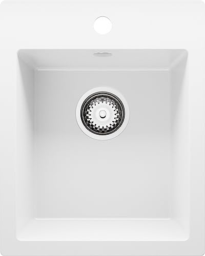 PRIMAGRAN Evier Cuisine en Granit Blanc 38x50cm, Lavabo 1 bac + Robinet 40x38cm + Kit de Vidage, Évier à Encastrer al mueble 40cm - Riga S002