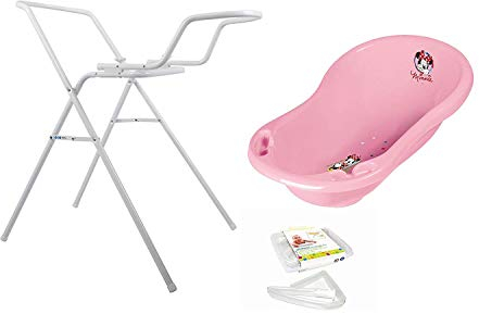 Disney Minni Maus rosa Baby Badewanne 84 cm + Badewannenständer + Ablaufschlauch + Waschhandschuh