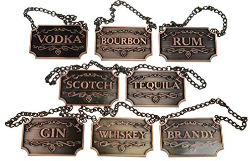 Licor decantador etiquetas/etiquetas juego de ocho (plata o cobre disponible) – Whisky, Bourbon, Scotch, Gin, Rum, Vodka, Tequila y Brandy – ajustable cadena para el ajuste perfecto