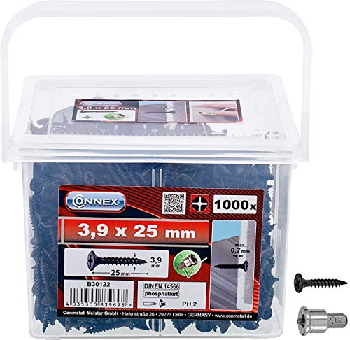 Connex Schnellbauschrauben 3,9 x 25 mm - 1000 Stück - Mit Feingewinde - Trompetenkopf - PH Phillips-Antrieb - Schwarz phosphatiert - Inkl. Tiefenstopp / Trockenbauschrauben / Schrauben-Eimer / B30122