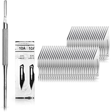 Set - 50 Stück Skalpellklingen Figur 10A aus Karbonstahl - Ersatzklingen einzeln steril verpackt + 1x May - Skalpell-Halter mit rundem Griff - Edelstahl