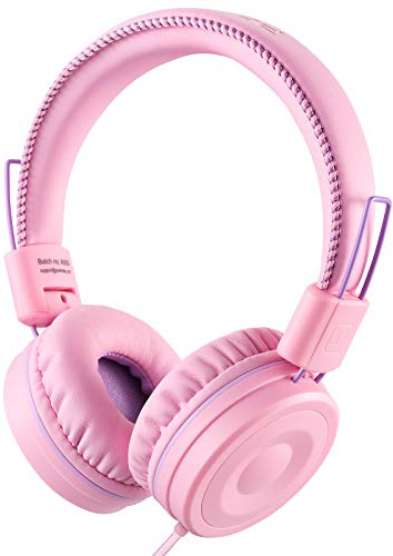 POWMEE M1 Kids Headphones Wired Headphone for Kids,Foldable Adjustable Stereo Tangle-Free,3.5MM Jack Wire Cord On-Ear Headphone for Children (Pink)