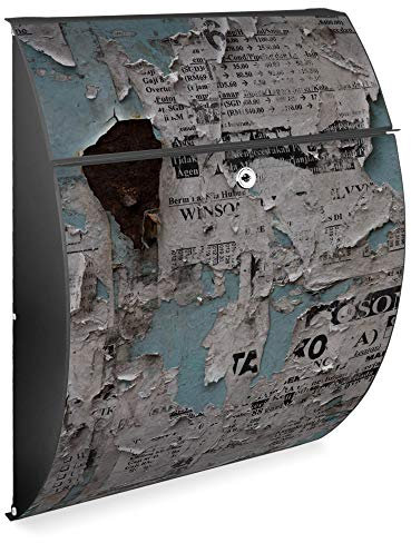 banjado Design Briefkasten - Modell Riviera 46x33,5x13cm groß - verzinkter Stahl anthrazit - Postkasten Öffnungsstopp großer A4 Einwurf Zylinderschloss 2 Schlüssel - Motiv Wand mit Zeitungen