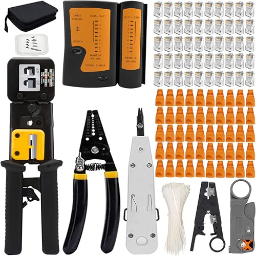 MAYLINE CAT5 CAT6 Computer LAN Cable Tester RJ45 Crimp Tool Kit Network Crimper Crimping Tool Ethernet Wire Stripping Repair Kit Crimp Punch Down Tool Crimp Set 50PCS Connector(Black)