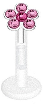 Taffstyle Piercing Bioflex Stab Stecker Lippenpiercing Ohrpiercing Labret Lippe Ohr Tragus Helix Platte Blume mit Glitzer Kristall Silber 8mm Pink Fuchsia