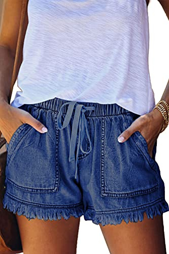 HVEPUO Pantalon Corto Mujer Vaquero Shorts Vaqueros Tiro Alto Mujer Azul Marino L