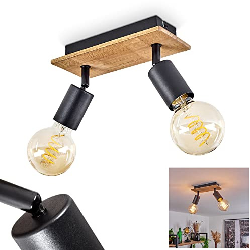 HOFSTEIN Deckenleuchte Maidford, verstellbare Deckenlampe aus Metall/Holz in Schwarz/Natur, moderne Leuchte im Boho/Retro/Vintage-Design, 2 x E27, Esszimmer, Wohnzimmer, Schlafzimmer, Küche, Büro