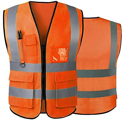 Hi Vis västar för kvinnor män reflekterande säkerhetsväst med fickor dragkedja fram uppfyller ANSI/ISEA-standarder, Orange-mesh, XL