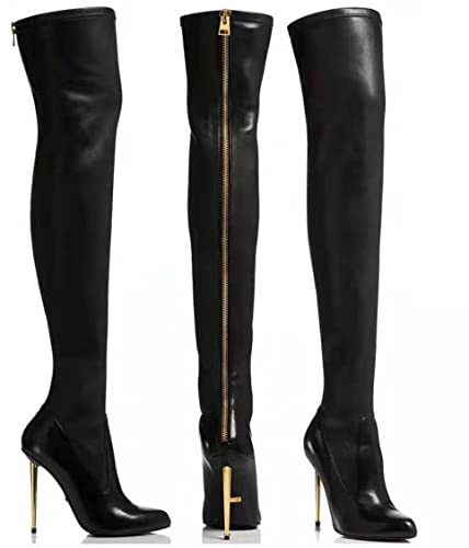 CRETUAO Cuissardes pour Femme, Bottes en Cuir à Talons Aiguilles pour Femme, Fermeture à glissière arrière, Chaussures Chaudes à Talons Hauts,Noir,40 EU
