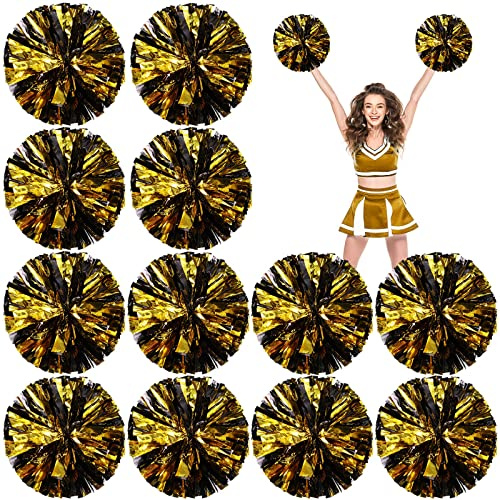 Deekin 12 Pcs Cheerleading Pom Poms Cheerleader Squad Spirited Fun Pompoms 12 Inch Metallic Foil Cheer Pom Poms with Handle Flowers for Sport Team Dance Costume Party 50g Weight Each(Black and Gold)
