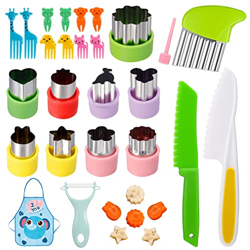 Heyu-Lotus 25 Stück Obst Gemüse Ausstechformen Edelstahl Cookie Ausstecher Mini Gemüseschneider Set Kinder mit Wellenschneider,10 Stück Karikatur Zahnstocher, Kindermesser, Kinderschürze