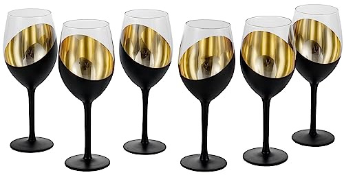 MyGift - Copas de vino con tallo en color negro mate, tiene detalles en color dorado en el interior. Su capacidad es de 14 oz, juego de 6 copas